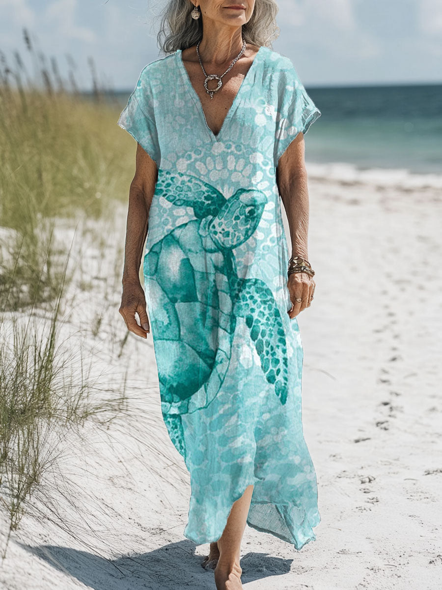 Women's Turtle Art Print Pocket Cotton Dress