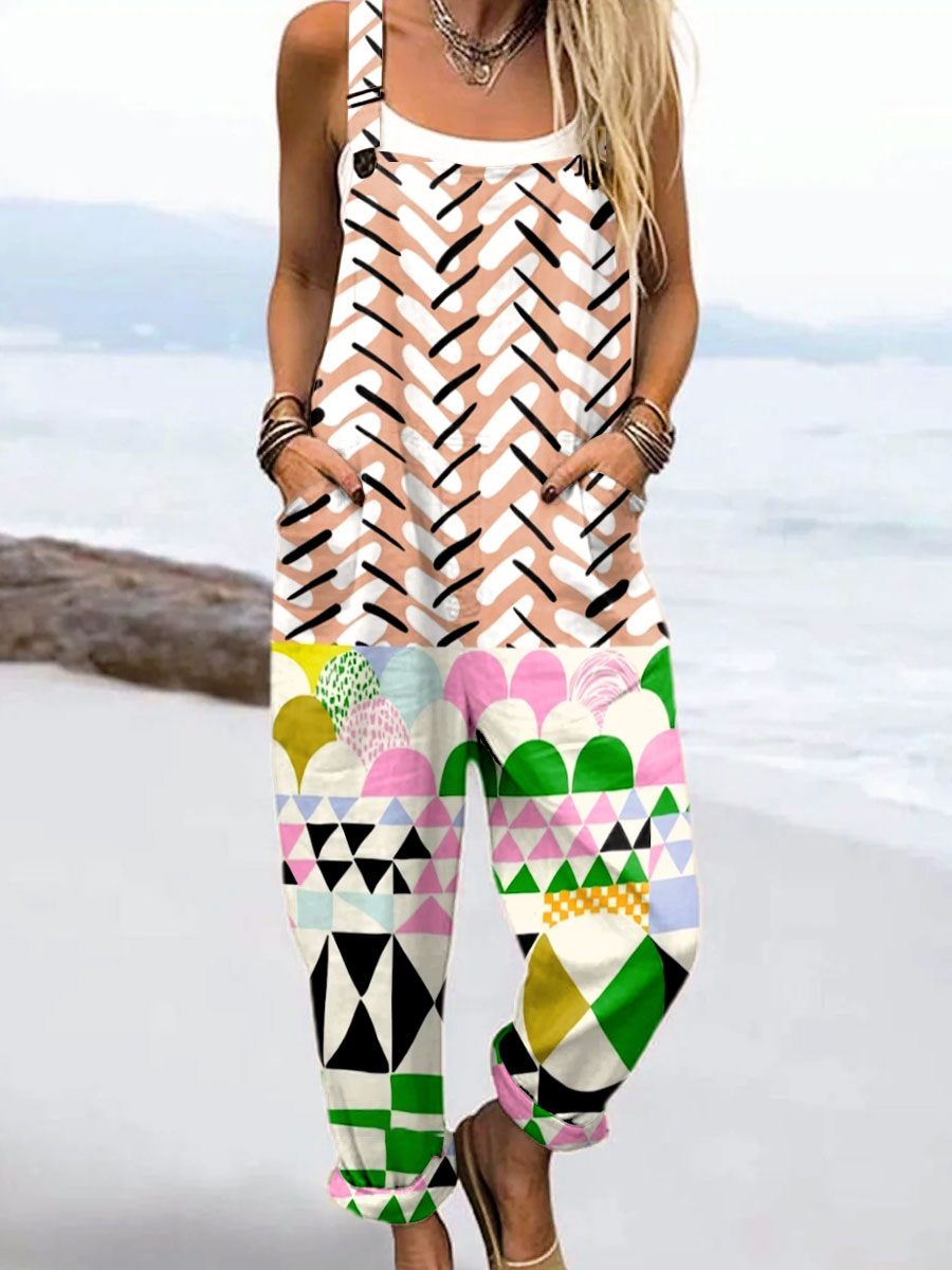 Women's Vintage Abstract Geometric Line Art Print Casual 100% Cotton Wide Leg Jumpsuit