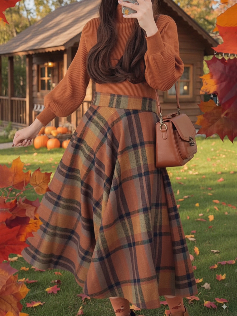 Caramel Pumpkin Lantern Sleeve Sweater Top Plaid Skirt Two-Piece Set