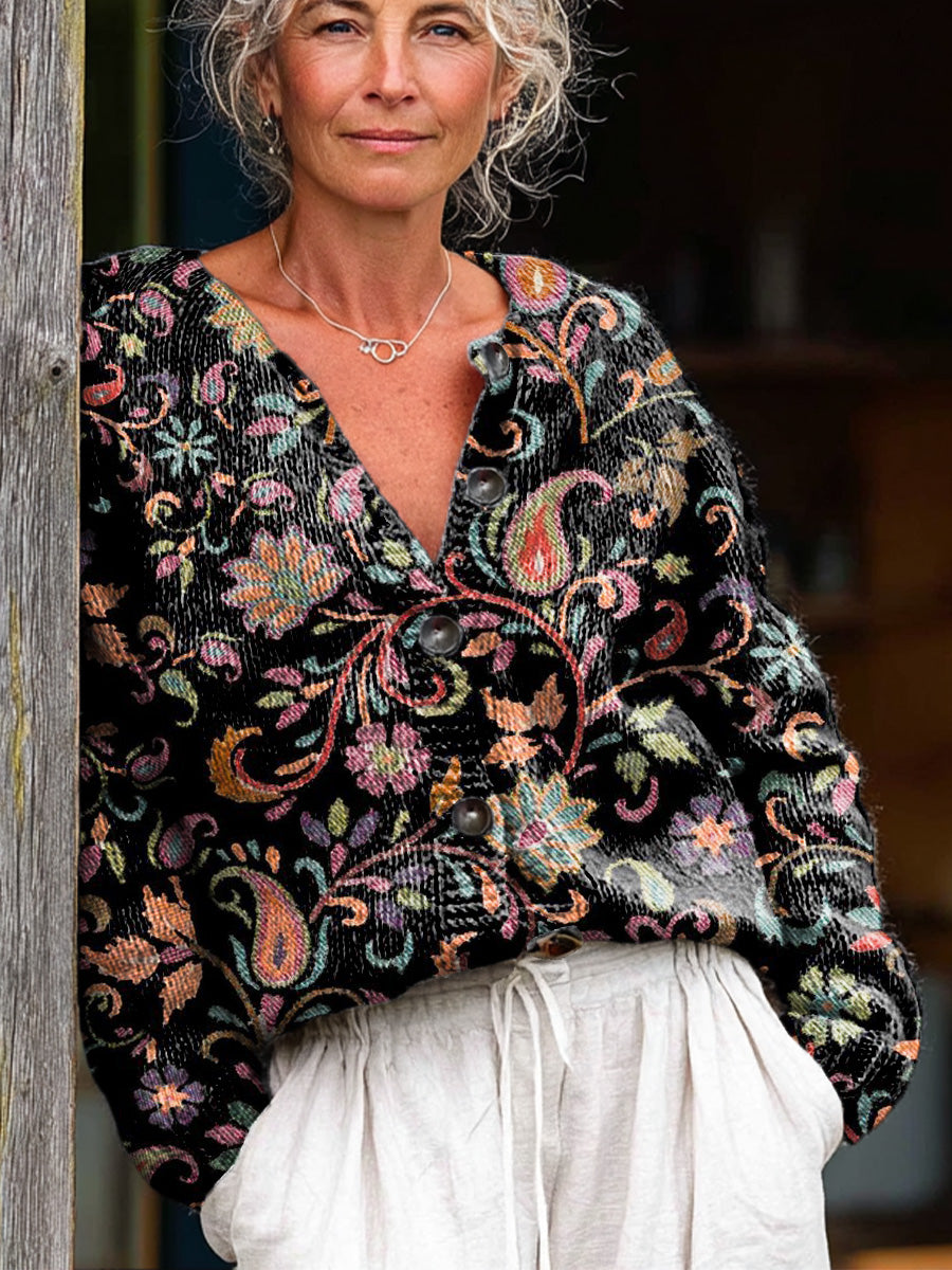 vintage-ethnic-paisley-floral-drawing-art-print-buttoned-cardigan-sweater