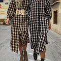 Women's Plaid Print Lapel Long Sleeve Casual Cotton and Linen Shirt Dress