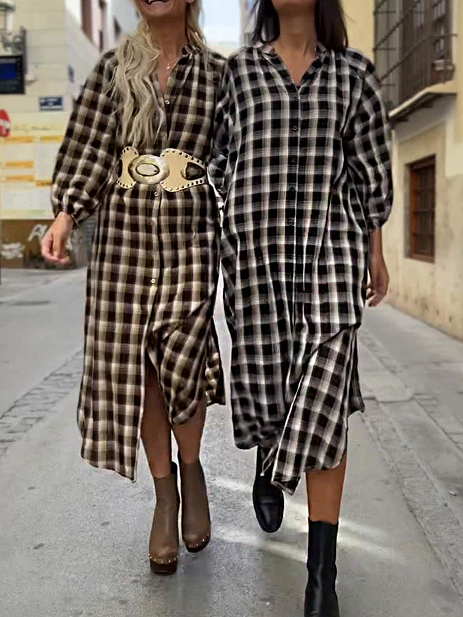 Women's Plaid Print Lapel Long Sleeve Casual Cotton and Linen Shirt Dress