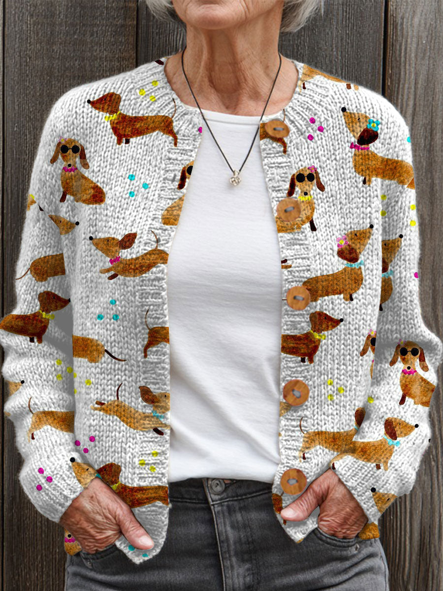 Vintage Dachshund Art Print  Buttoned Cardigan Sweater