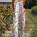 Women's  Vintage Flower Art Print Casual 100% Cotton Wide Leg Jumpsuit