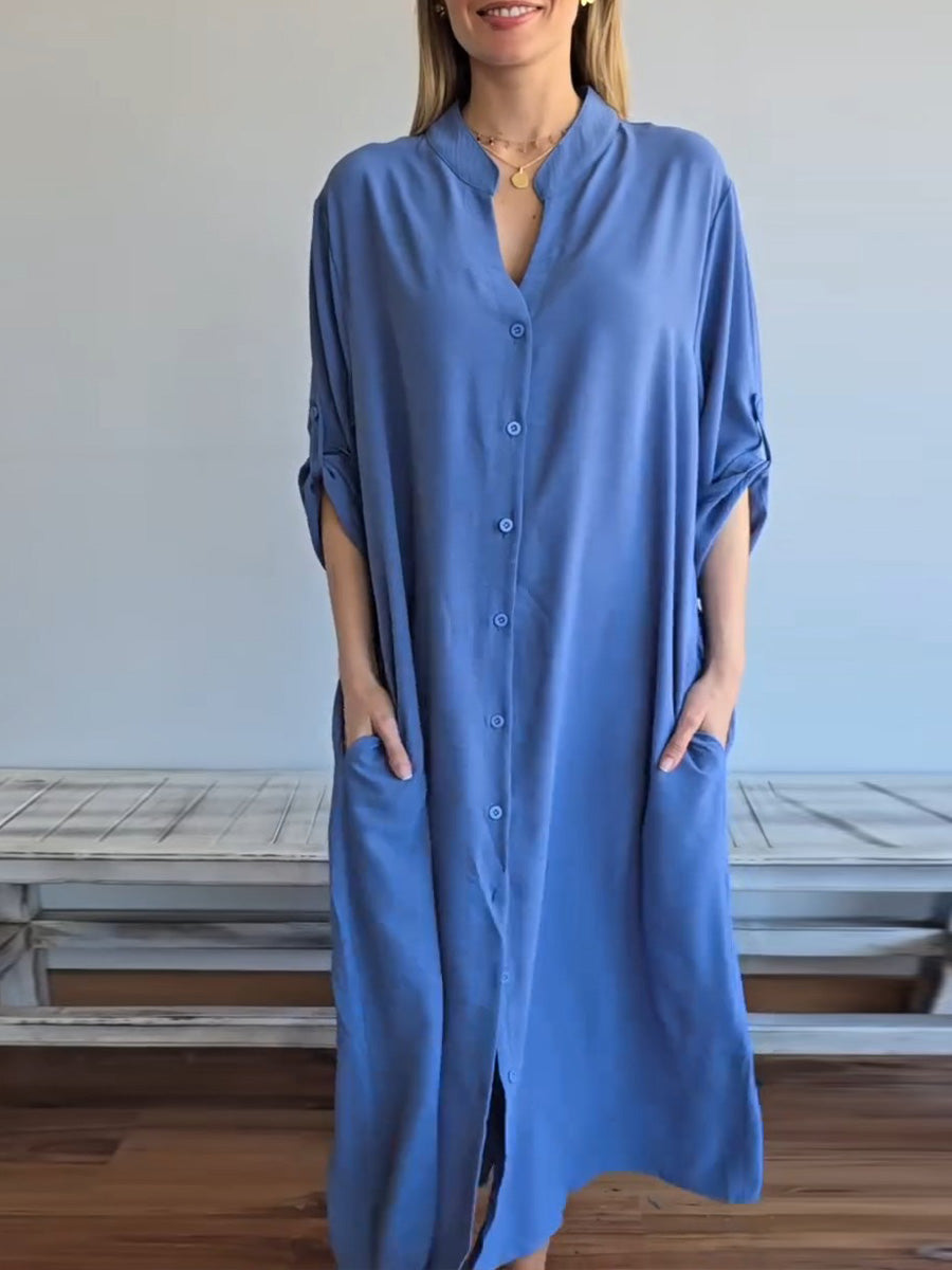 Women's Solid Color V-Neck Long Sleeve Shirt Dress