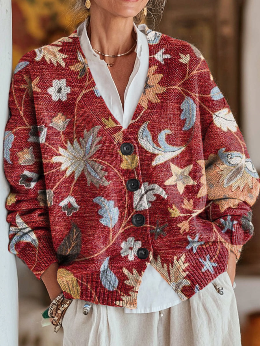 vintage-beautiful-floral-painting-art-print-buttoned-v-neck-cardigan-sweater-eblc