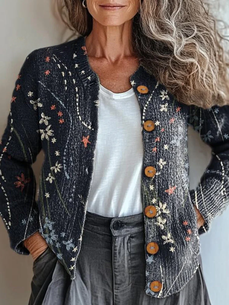 Women's Floral Art Pattern Print Buttoned Cardigan Sweater