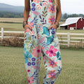 Women's  Vintage Flower Art Print Casual 100% Cotton Wide Leg Jumpsuit