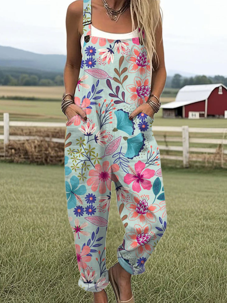 Women's  Vintage Flower Art Print Casual 100% Cotton Wide Leg Jumpsuit