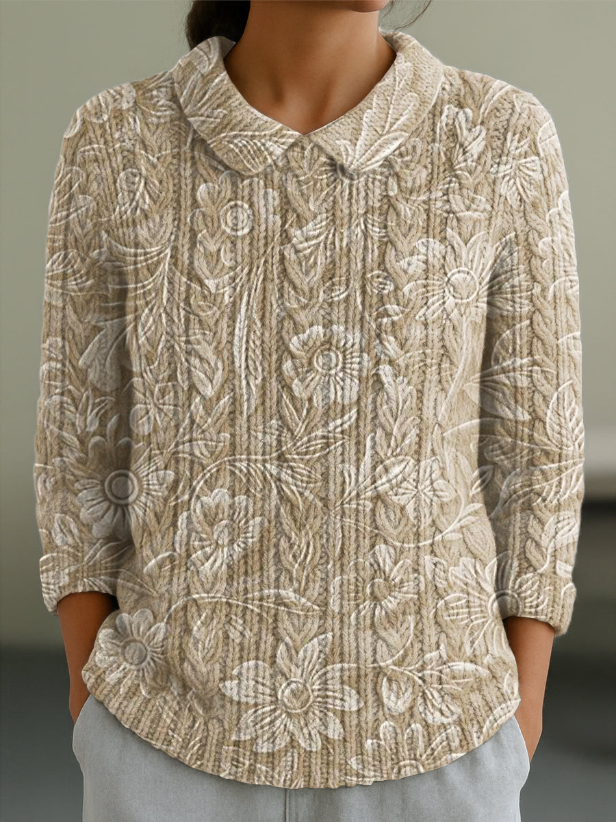 womens-vintage-floral-painting-art-print-casual-peter-pan-collar-3-4-sleeve-sweater