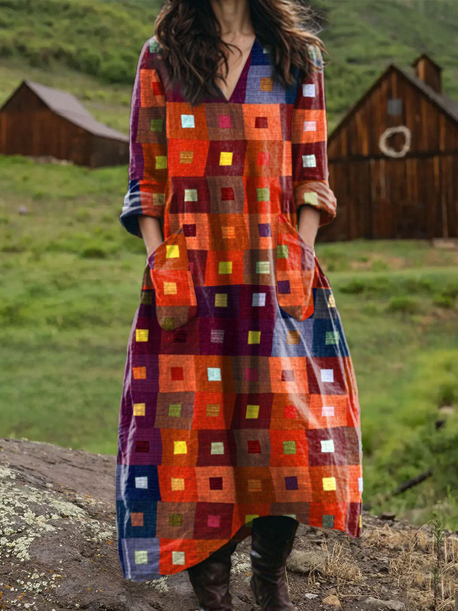 Women's Vintage Geometry Art Print Pocket V-neck Cotton Dress