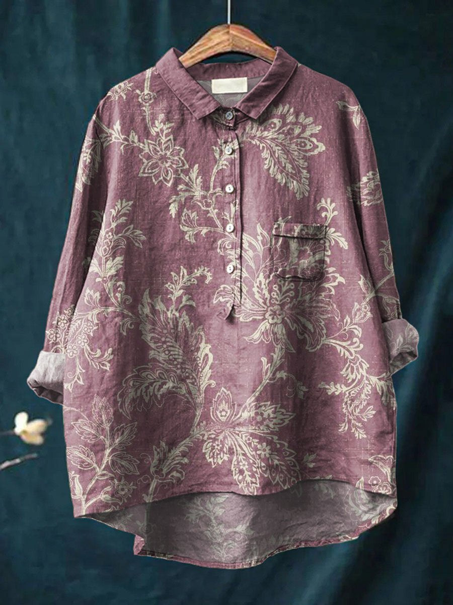 Women's Vintage Floral Art Print Casual Cotton And Linen Shirt