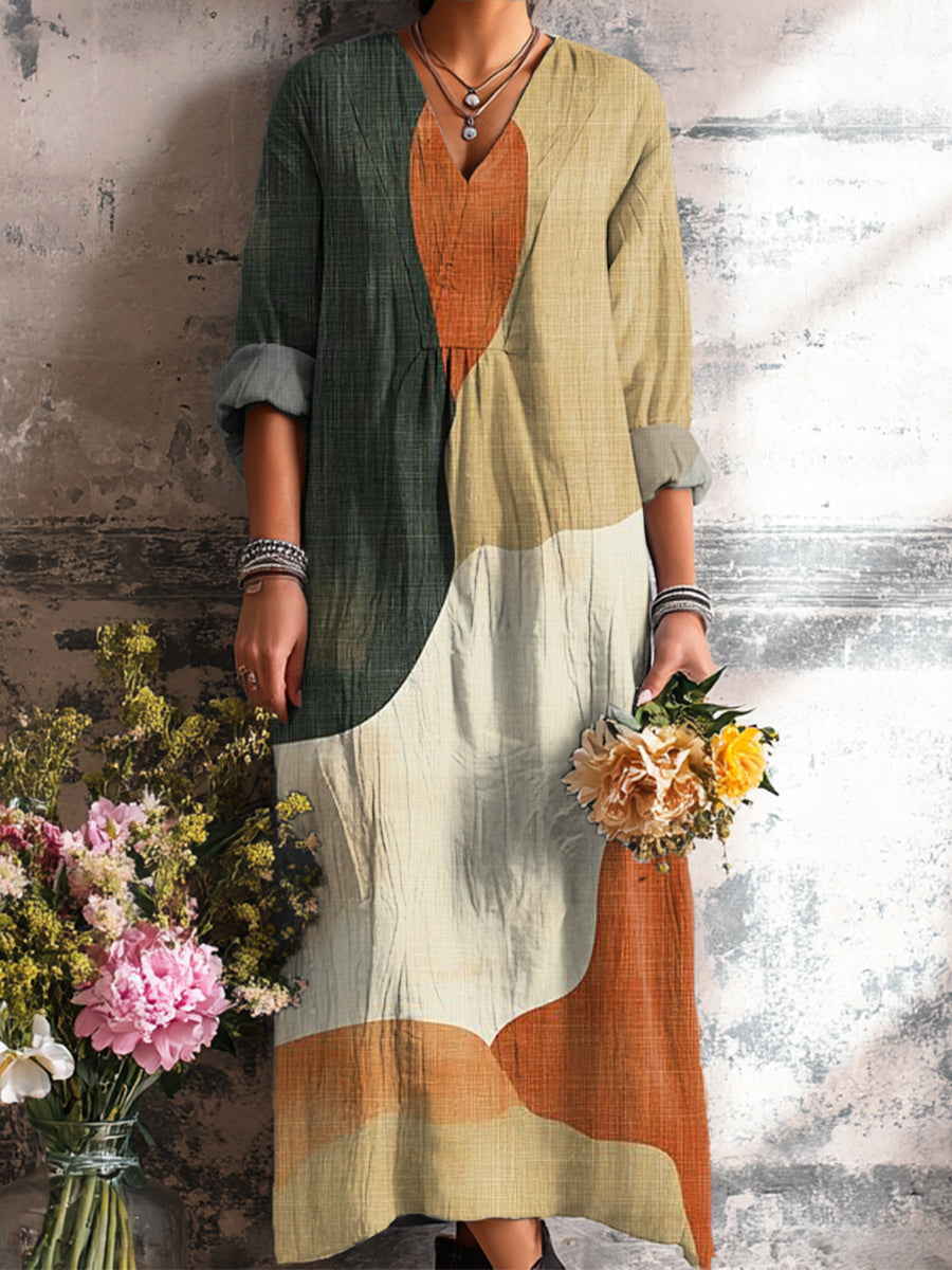 Women's Abstract Multicolor Geometric Color Block Painting Art Print Dress
