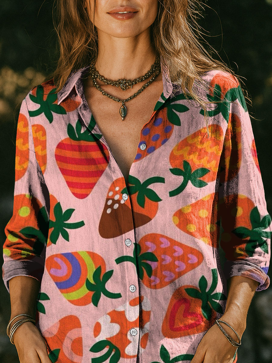 Women's Multicolor Strawberry Pink Print Casual Cotton Shirt