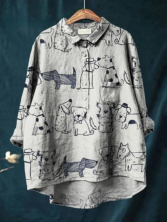 Women's Cute Dog Art Print Casual Cotton And Linen Shirt