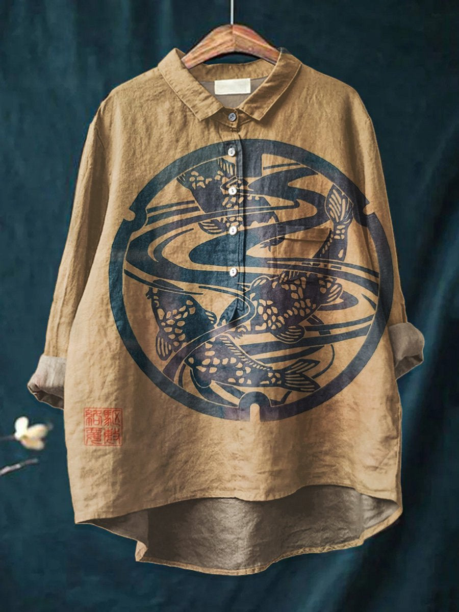 Women's Japanese   Art  Print Casual Cotton And Linen Shirt