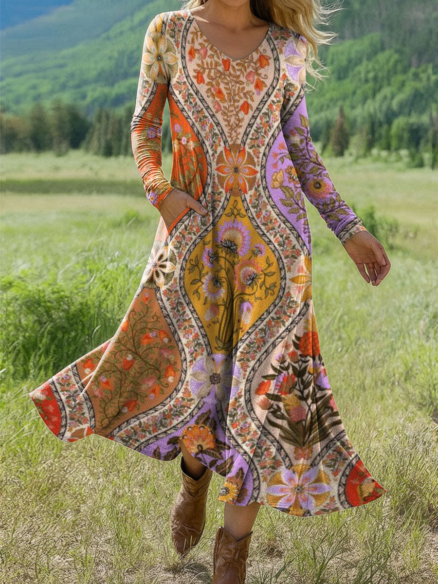 Women's Retro Flowers Pattern Print Art Print Long-sleeved Dress