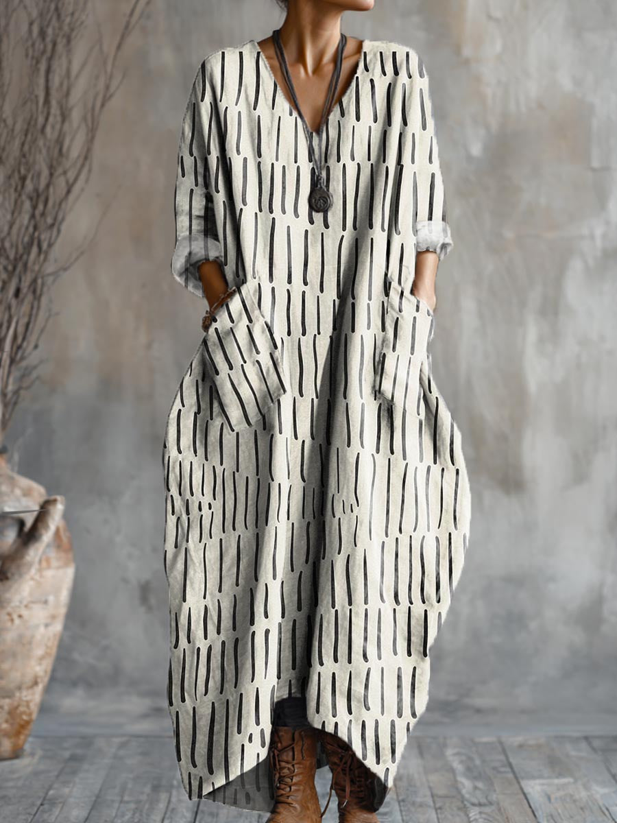 Women's Abstract Art Pattern Print Pocket V-neck Cotton Dress