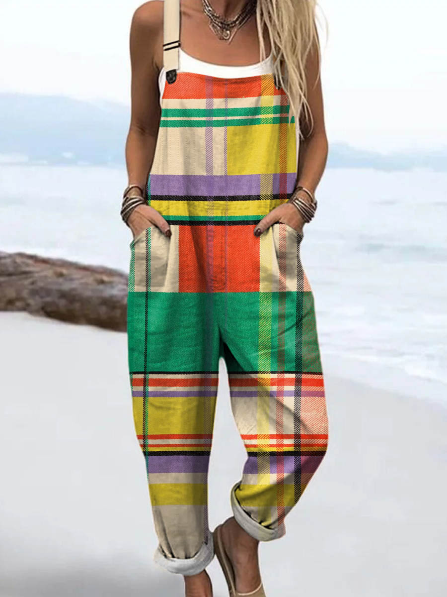 Women's Abstract Geometric Pattern Art Print Casual 100% Cotton Wide Leg Jumpsuit