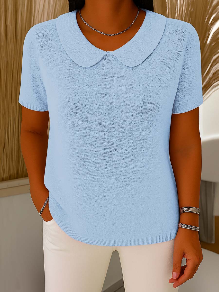 Women's Solid Color Peter Pan Collar Short Sleeve Knit Sweater