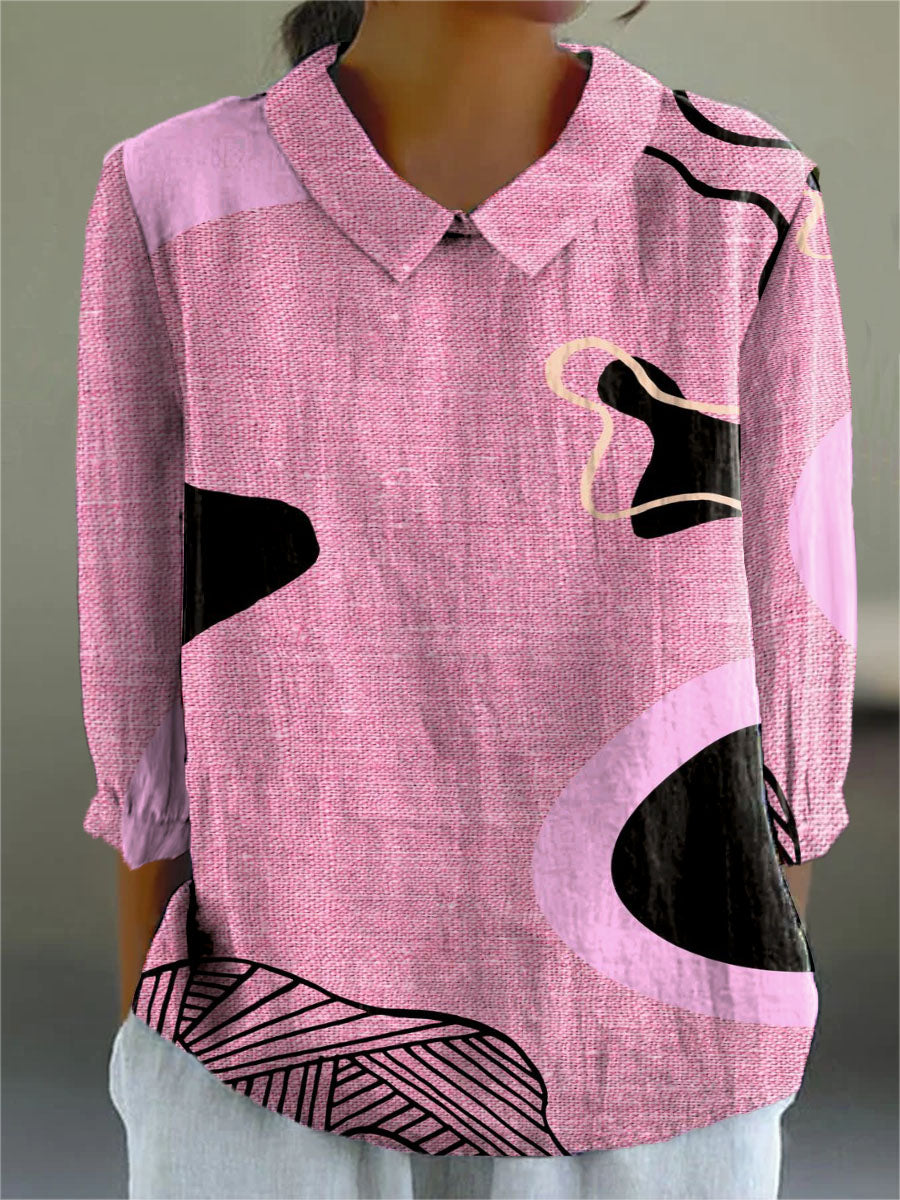 Women's Random Pink Blocks Print Casual Cotton And Linen 3/4 Sleeve Shirt