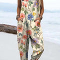 Women's Vintage Floral Art Print Casual 100% Cotton Wide Leg Jumpsuit