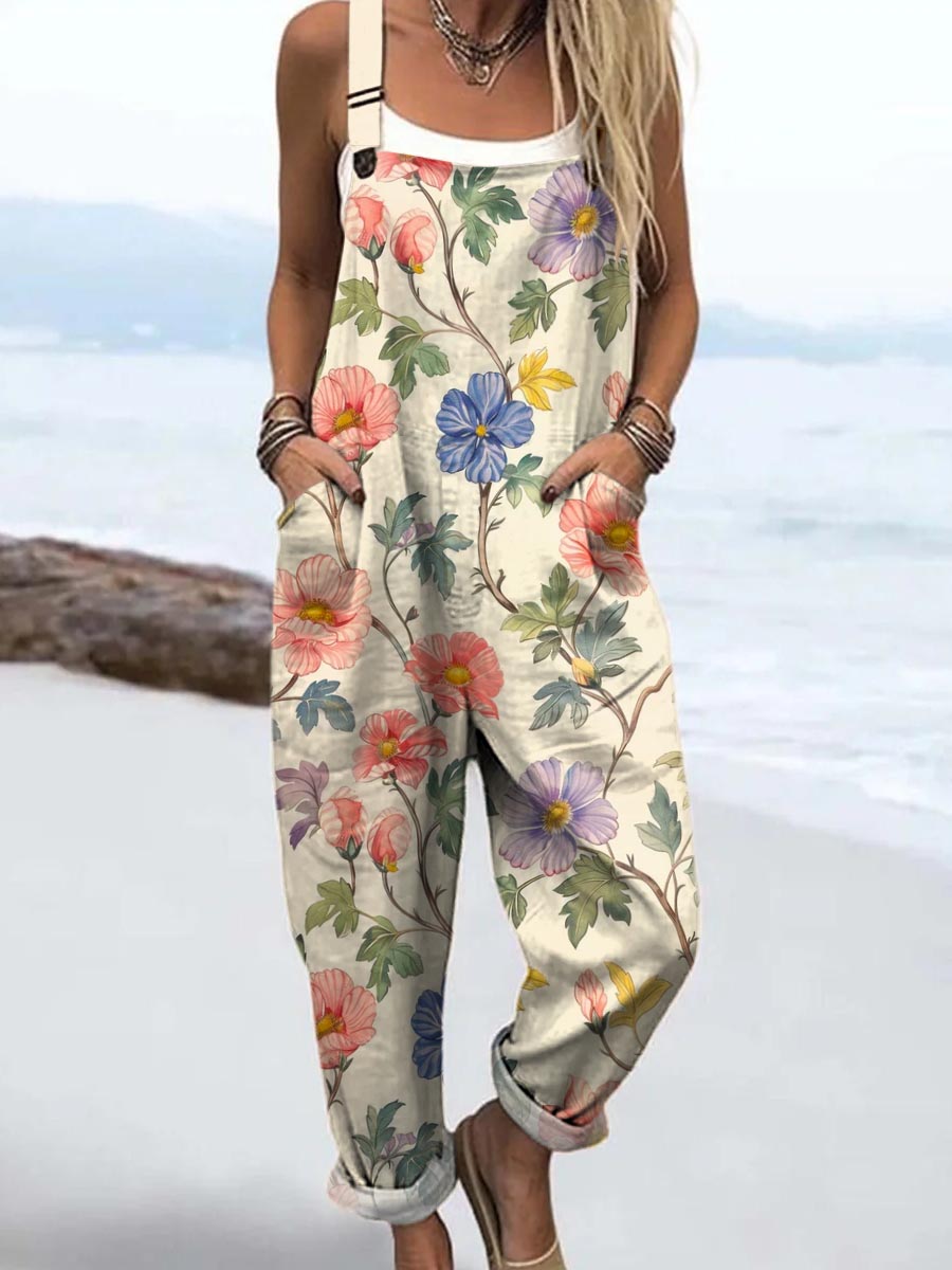 Women's Vintage Floral Art Print Casual 100% Cotton Wide Leg Jumpsuit