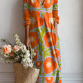 Robe à poches en coton et lin imprimé floral vintage pour femme 