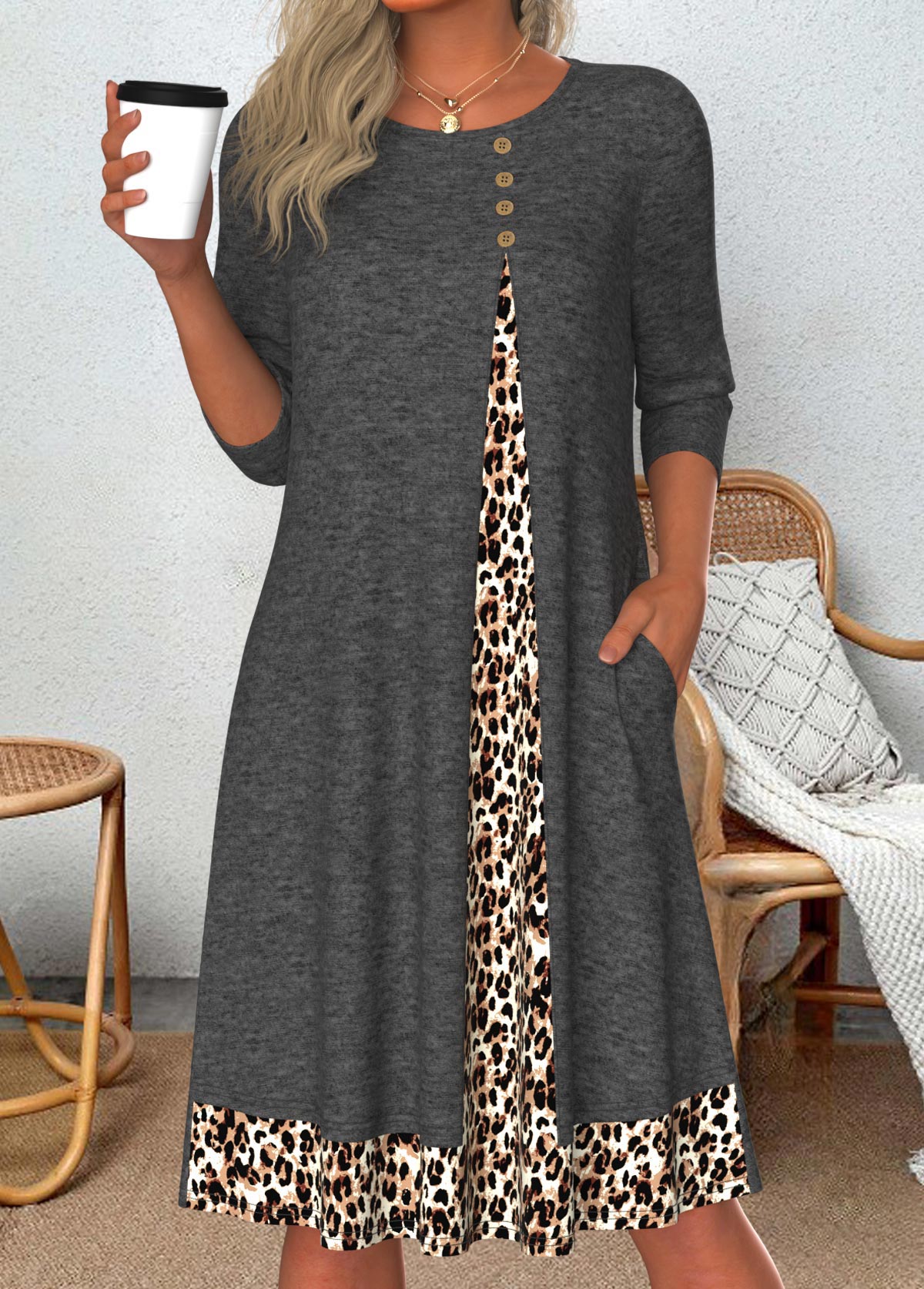 Dark Grey Marl Patchwork Leopard A Line Dress