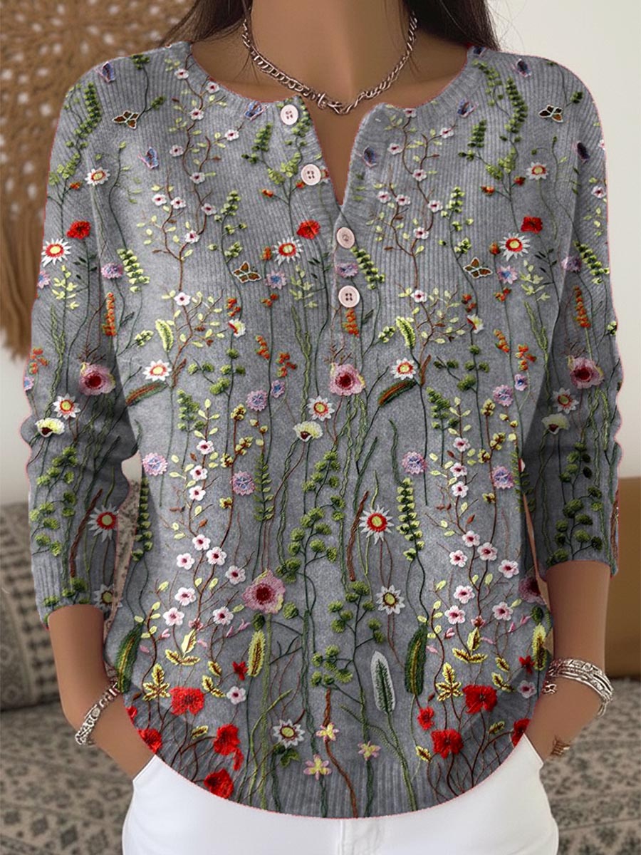 Women's Floral Pattern Art Print Buttoned Cardigan Sweater