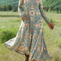 Robe à manches longues pour femme, style ethnique vintage, à imprimé floral géométrique.