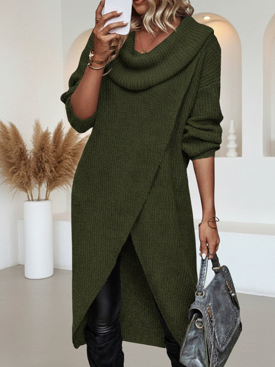 Women's Loose Scarf Collar Slit Knitted Dress