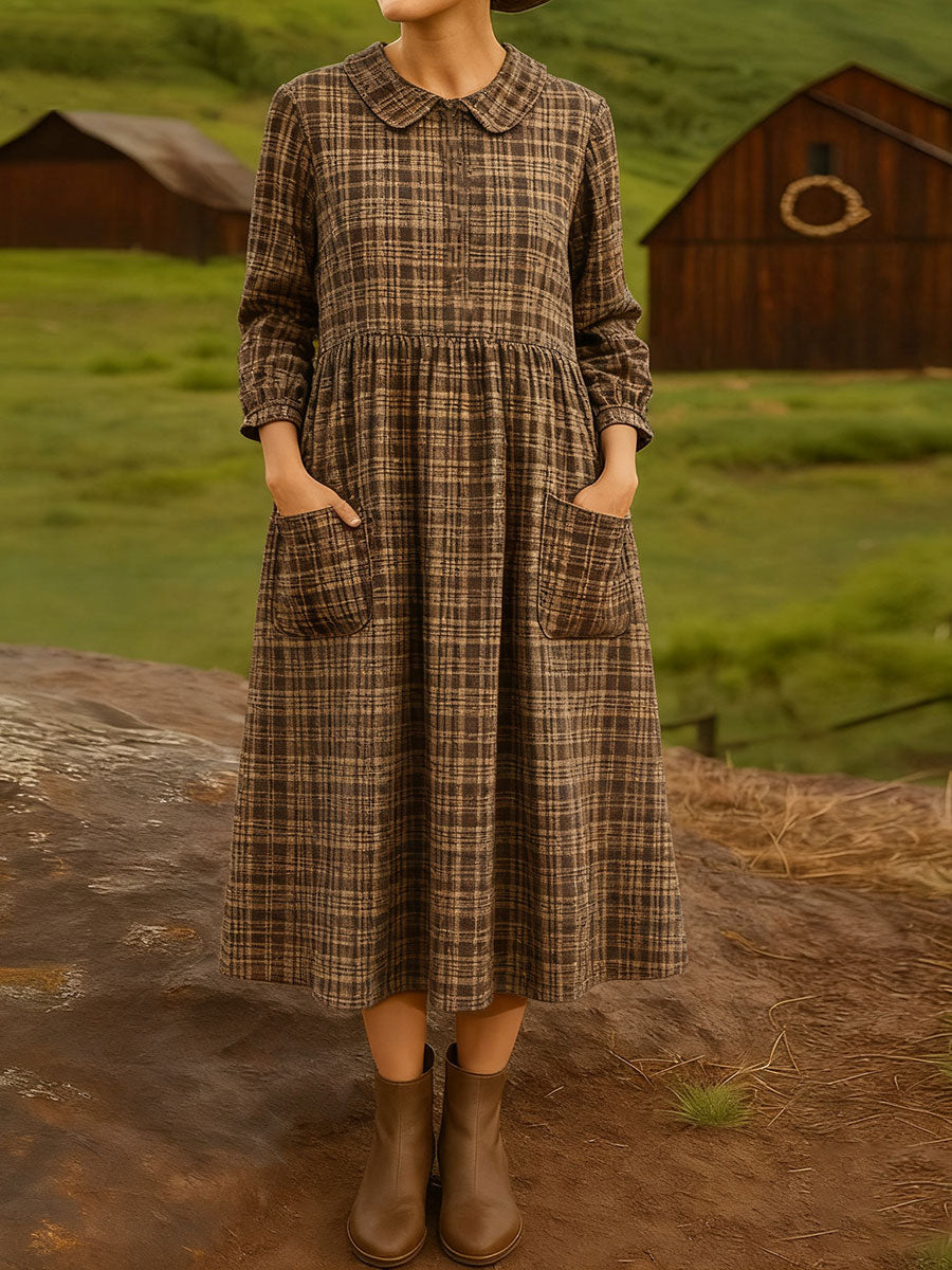 Women's Vintage  Plaid  Art Print Cotton Lapel Button-Down Shirt Dress