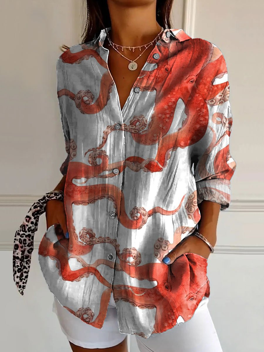 Women's Vintage Red Octopus Art Print Casual Cotton Shirt