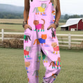Women's Cute Colorful Cat Painting Art Print Casual 100% Cotton Wide Leg Jumpsuit