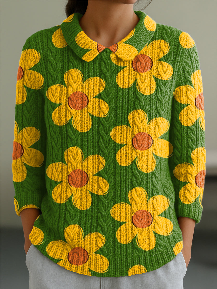 womens-cute-large-flower-painting-art-print-casual-peter-pan-collar-3-4-sleeve-sweater