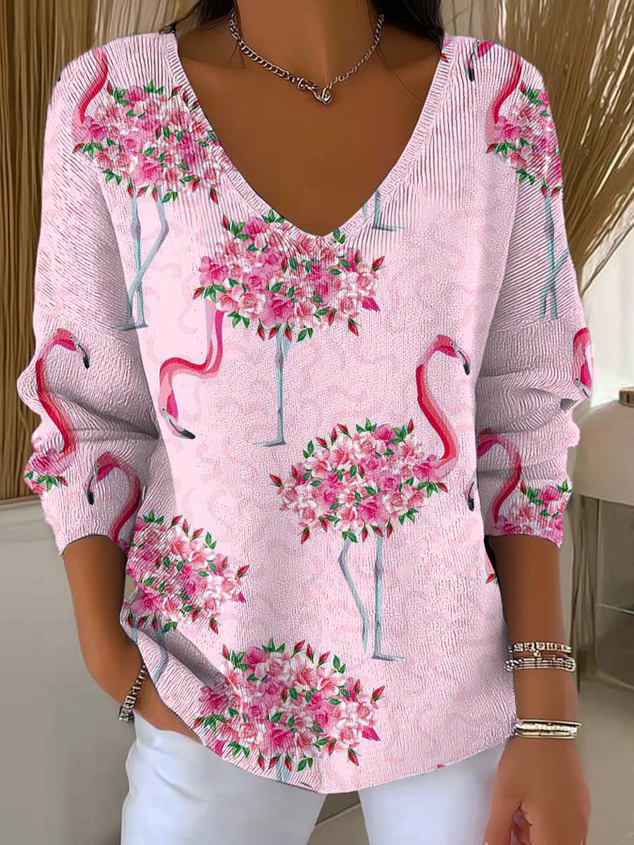 womens-floral-flamingo-pattern-art-print-casual-pullover-sweater