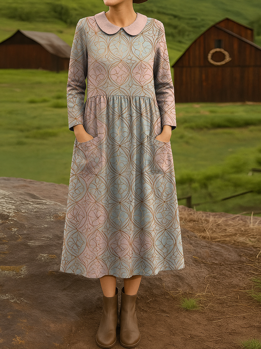 Women's Retro Geometry Flowers Pattern Art Print Cotton Lapel Button-Down Shirt Dress