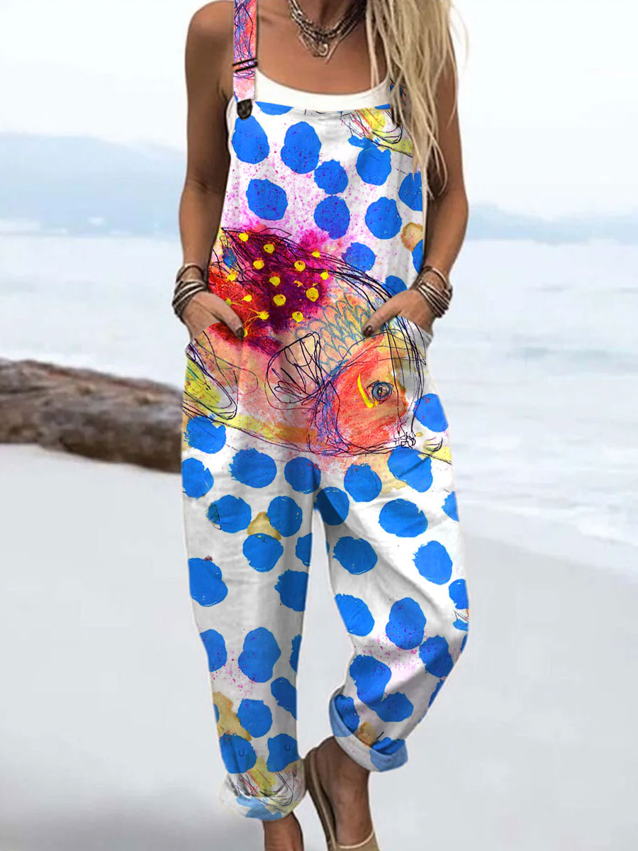 Women's  Vintage Fish Art Print Casual 100% Cotton Wide Leg Jumpsuit