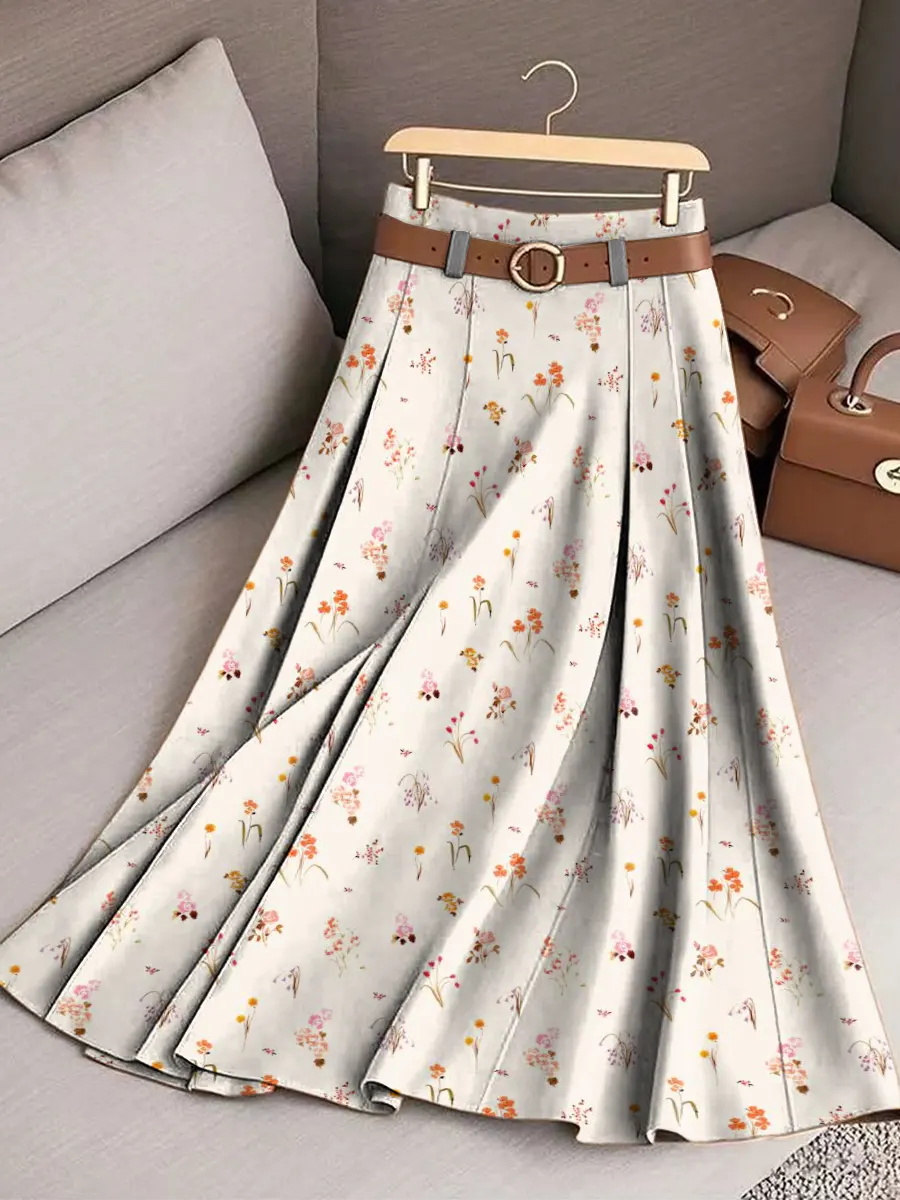 Women's Pink Vintage Art Floral Print Cotton Skirt