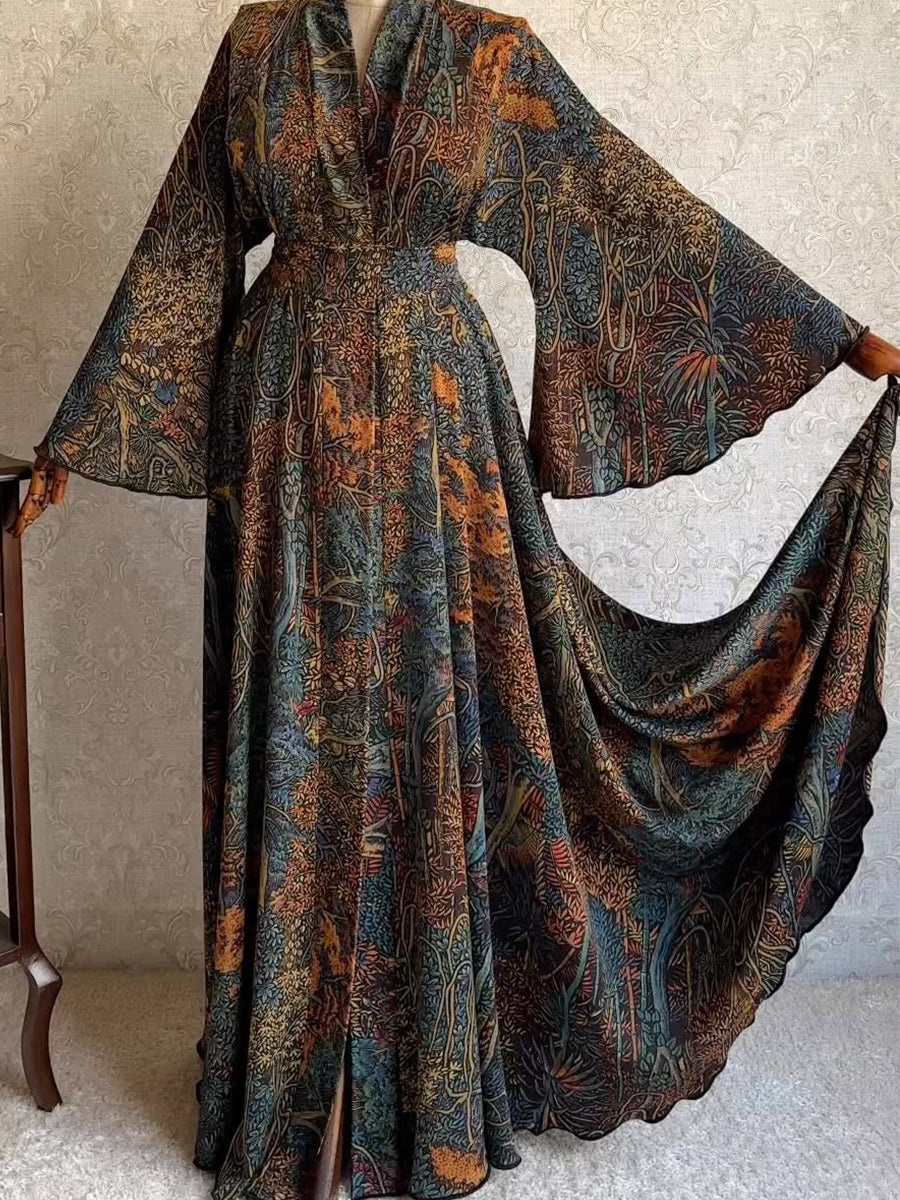 Women's Vintage Floral Print Bell-sleeve Maxi Dress