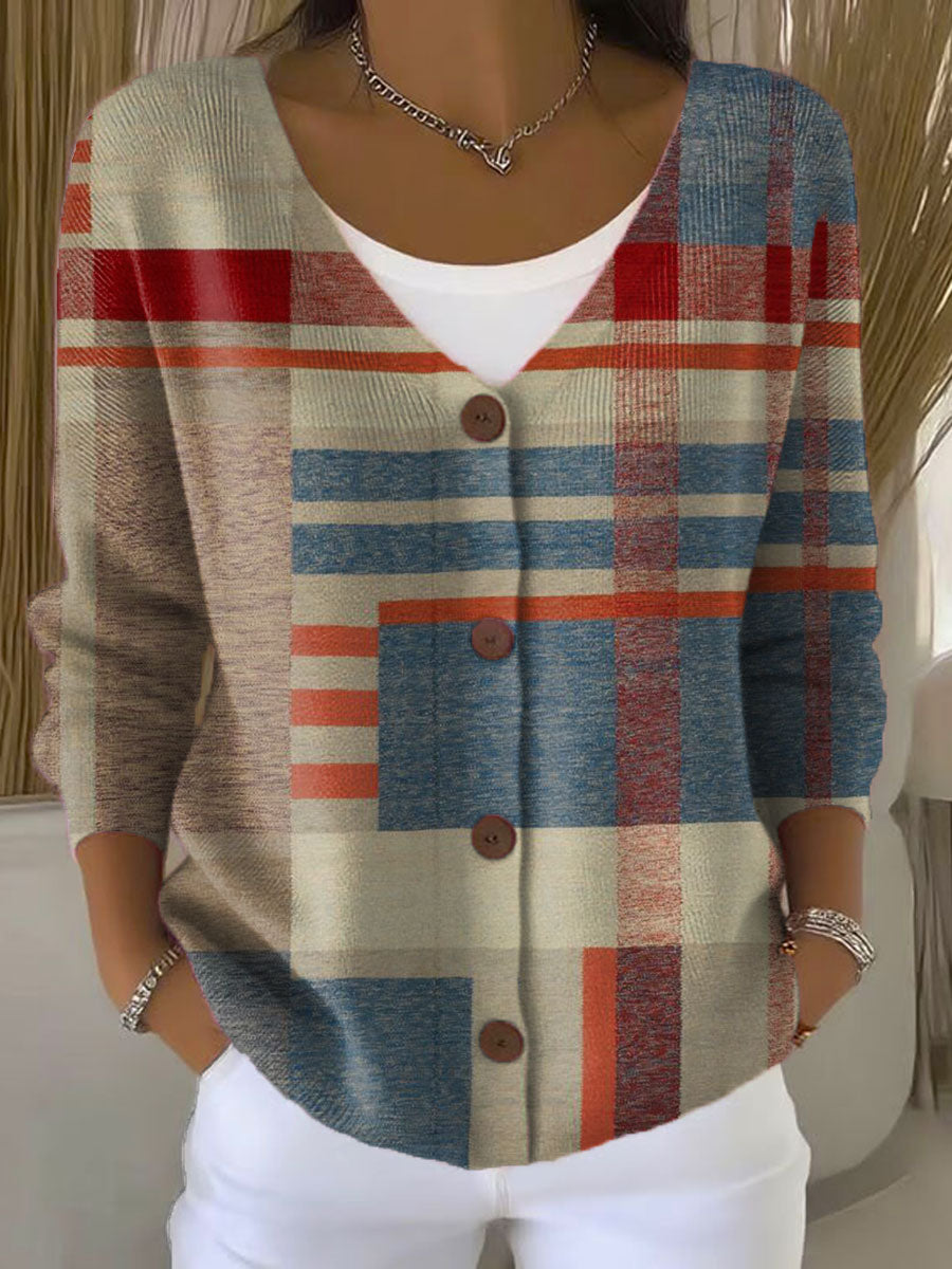 Vintage Abstract Geometry Art Print Buttoned V-neck Cardigan Sweater