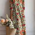 Robe décontractée en coton et lin à imprimé floral vintage pour femme, avec poches. 