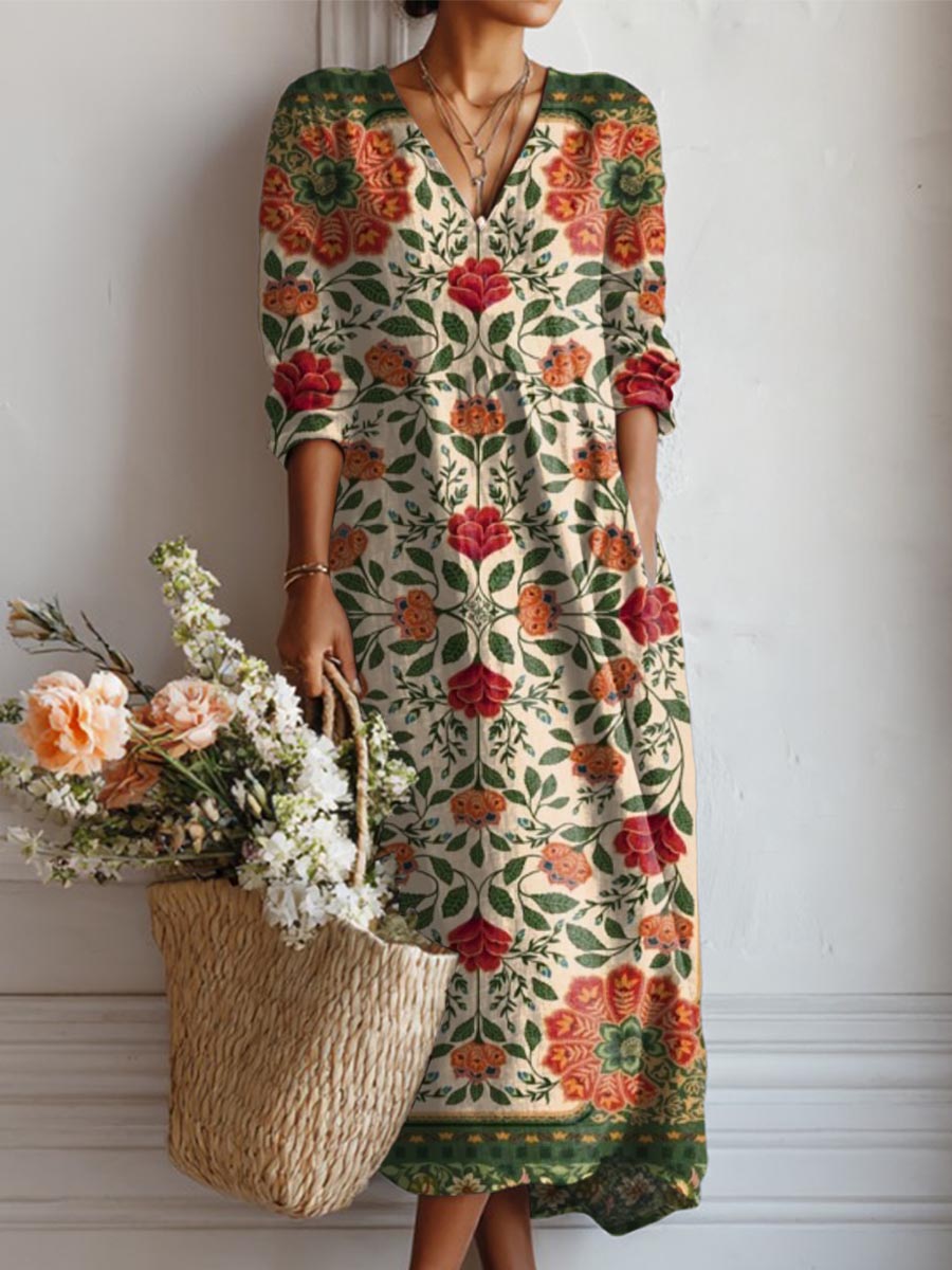 Women's Vintage Floral Art Print Casual Cotton Linen Pocket Dress