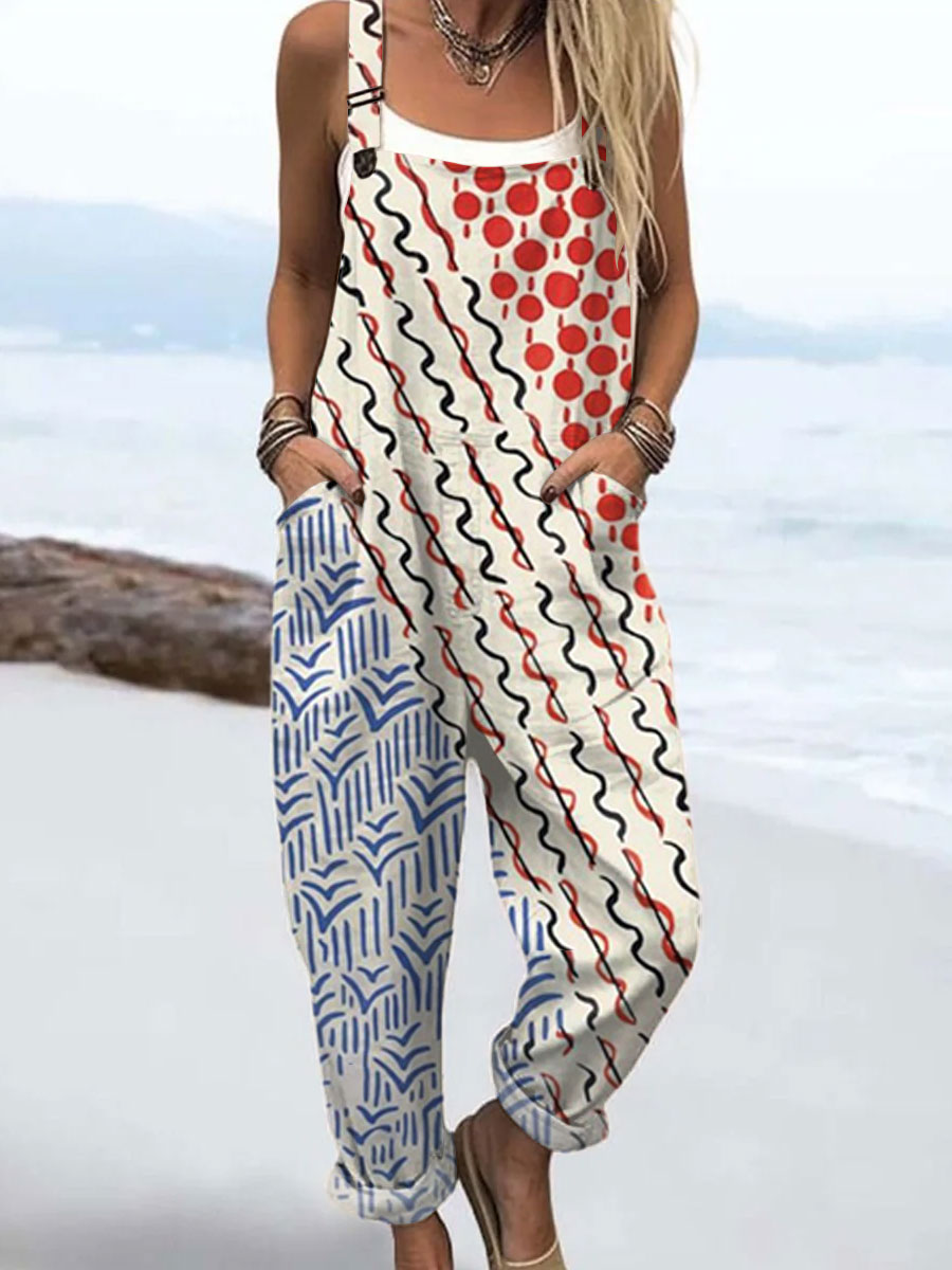 Women's Vintage Abstract Geometric Art Print Casual 100% Cotton Wide Leg Jumpsuit
