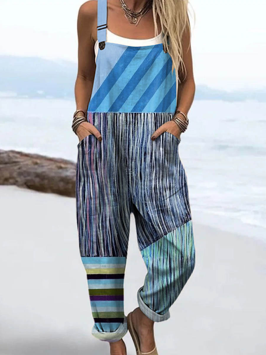 Women's Geometric Pattern Art Print Casual 100% Cotton Wide Leg Jumpsuit