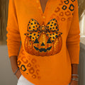 Women's Leopard Print Pumpkin Henley Sweater Top