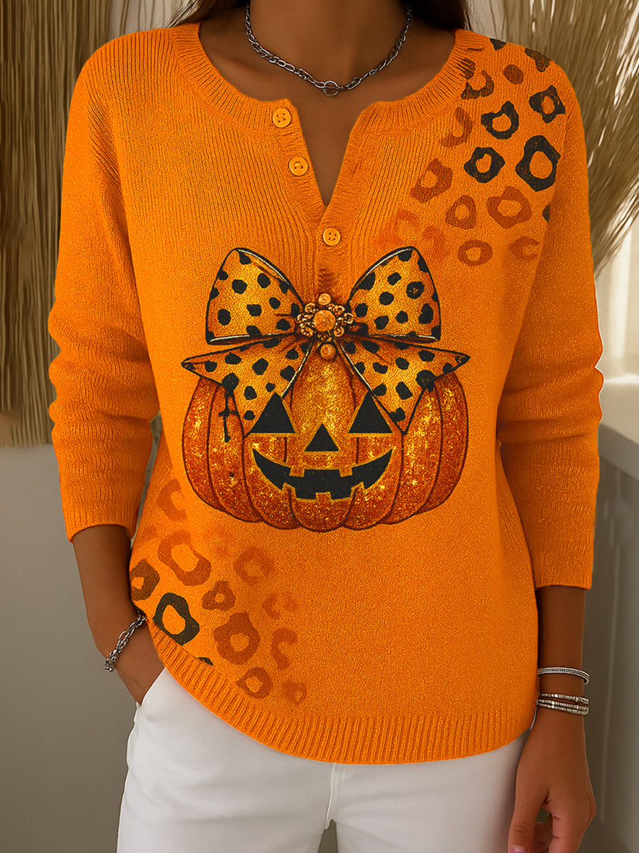 Women's Leopard Print Pumpkin Henley Sweater Top