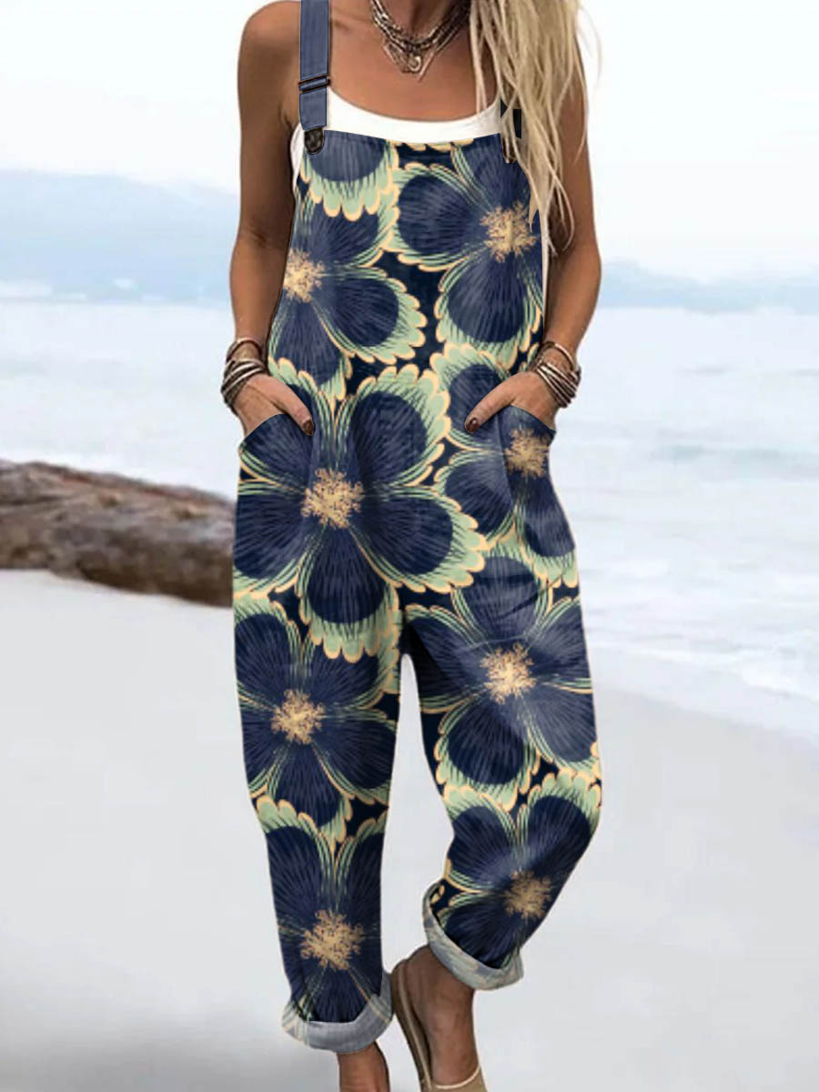 Women's Vintage Floral Pattern Art Print Casual 100% Cotton Wide Leg Jumpsuit