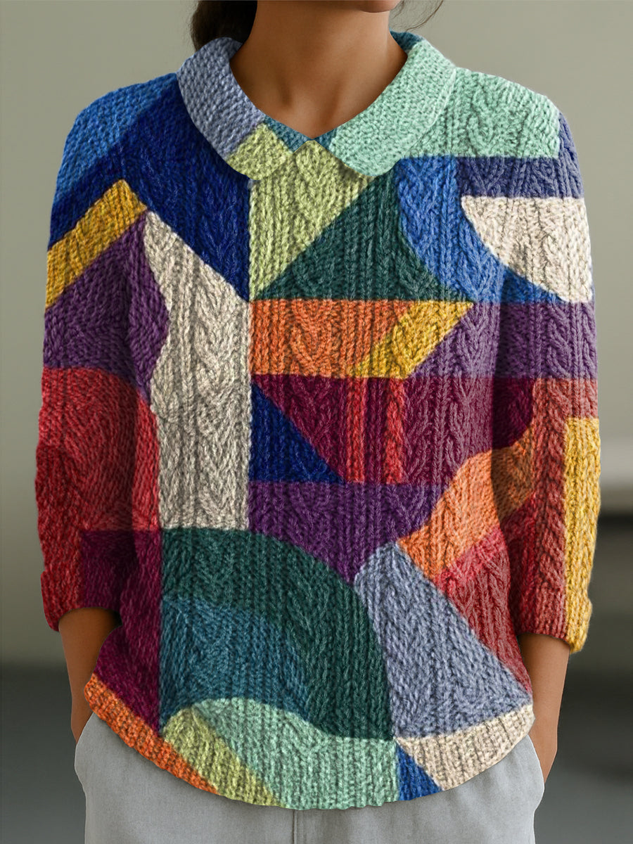 womens-vintage-colorful-abstract-geometric-color-block-art-print-casual-peter-pan-collar-3-4-sleeve-sweater